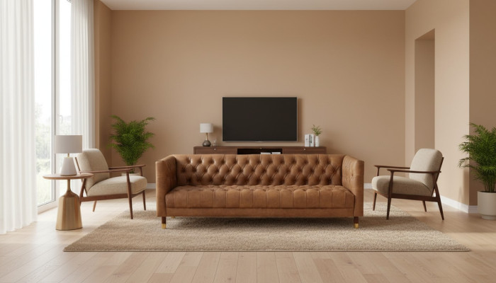 Sofá Chesterfield de tres plazas marrón xxl, mueble de cuero para la sala de estar moderno y nuevo.