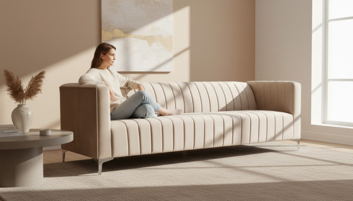 Beige sofá de tres plazas de diseño de sala de estar de tela, sofás y sofás de terciopelo beige.