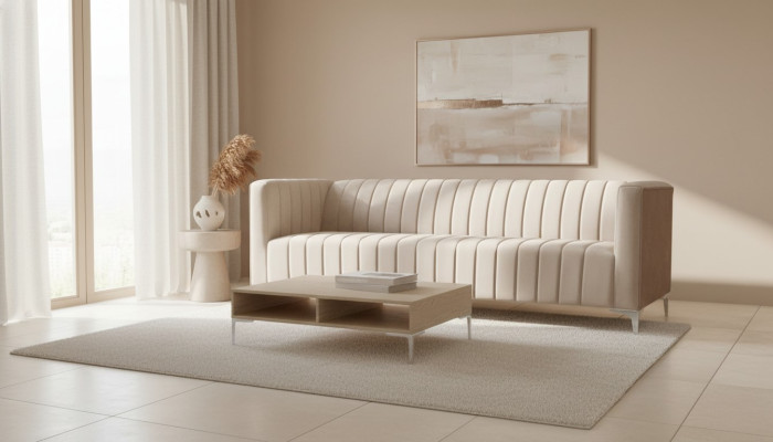 Beige sofá de tres plazas de diseño de sala de estar de tela, sofás y sofás de terciopelo beige.