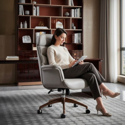 Silla de oficina beige de cuero acero inoxidable muebles de oficina lujo mobiliario nuevo