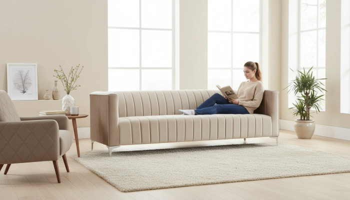 Beige sofá de tres plazas de tela para el diseño de la sala de estar en sofá tapizado textil