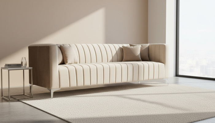 Beige sofá de tres plazas de tela para el diseño de la sala de estar en sofá tapizado textil