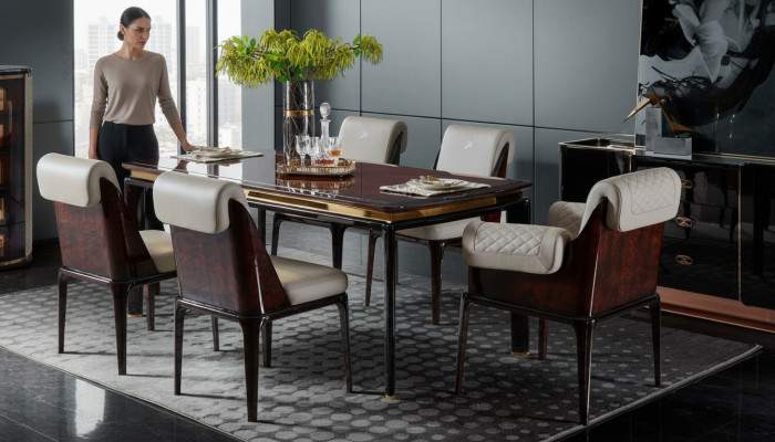 Mesa de comedor marrón, mesas de diseñador, muebles de diseño moderno, comedor de lujo.