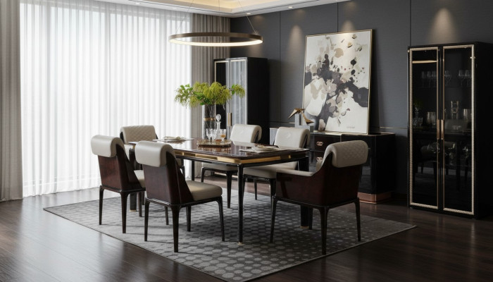 Mesa de comedor marrón, mesas de diseñador, muebles de diseño moderno, comedor de lujo.