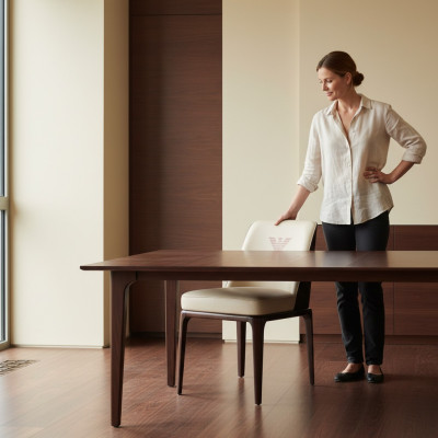 Exquisita silla de comedor de cuero beige con estilo moderno italiano.