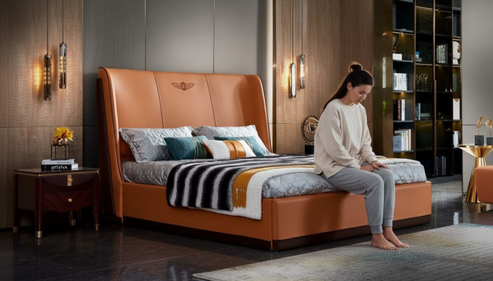 Cama 2 x mesita de noche dormitorio Naranja Creativo Moderno Muebles Madera Lujo Camas