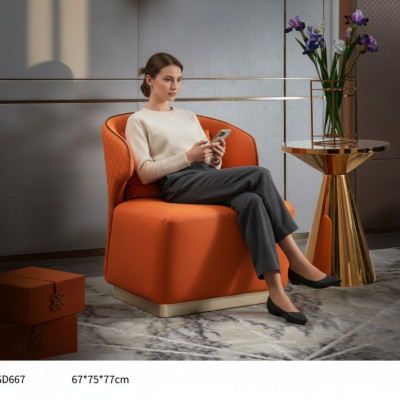 Sillón de tela de lujo naranja para sala de estar. Nuevo diseño moderno creativo.