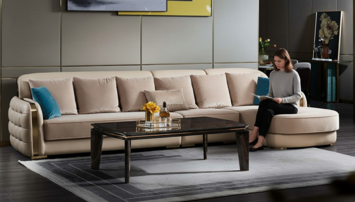 Sofá esquinero de cuero beige conjunto de sala de lujo, sofá en forma de esquina, sofás, muebles diseño.