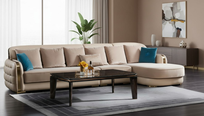 Sofá esquinero de cuero beige conjunto de sala de lujo, sofá en forma de esquina, sofás, muebles diseño.