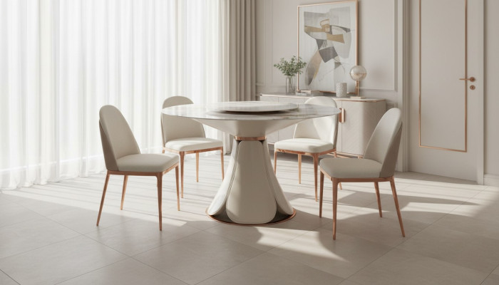 Mesa de comedor de cuero y piedra, mesas de madera de lujo de diseño moderno.