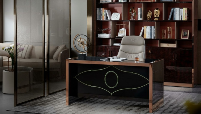 Armario de oficina de madera marrón. Estudio marrón. Muebles de diseño moderno de lujo.