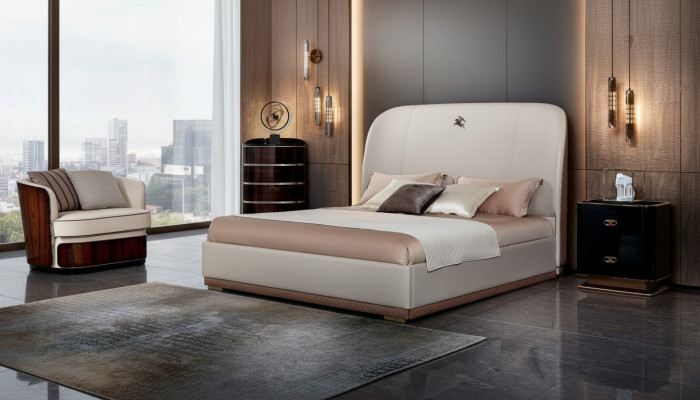 Cama de cuero beige de madera de dormitorio Cama de cuero Diseño moderno Muebles de lujo