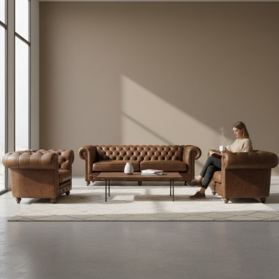 Braun Chesterfield+2 Sessel Leder Couchen Kreative Möbel Neu Wohnzimmer Sofa  Marrón Chesterfield+2 sillones de cuero Sofás de muebles creativos Nuevo sofá de salón
