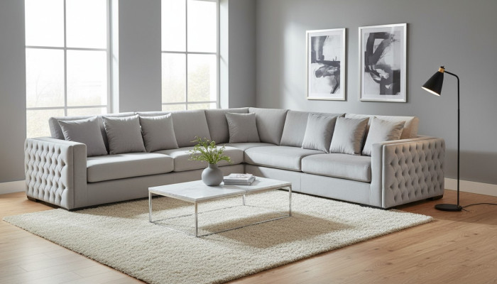 Sofá esquinero Plateado Sofá en esquina Conjunto de tapicería Sala de estar Tela de terciopelo Muebles de diseño