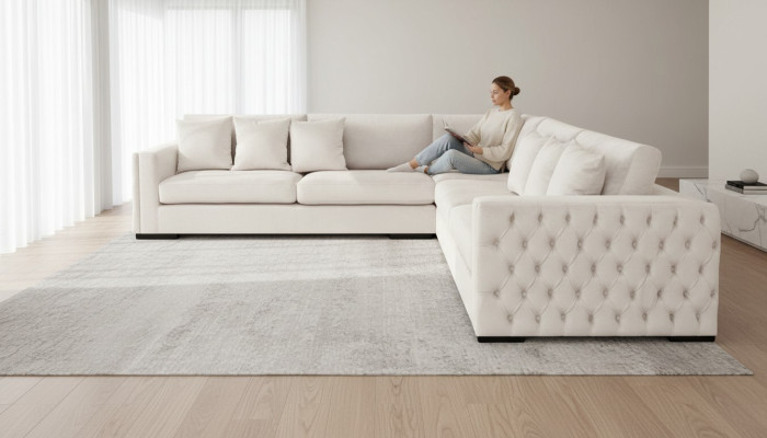 Sofá esquinero crema, juego de esquinero tapizado en terciopelo, diseño de muebles, sofá de salón.