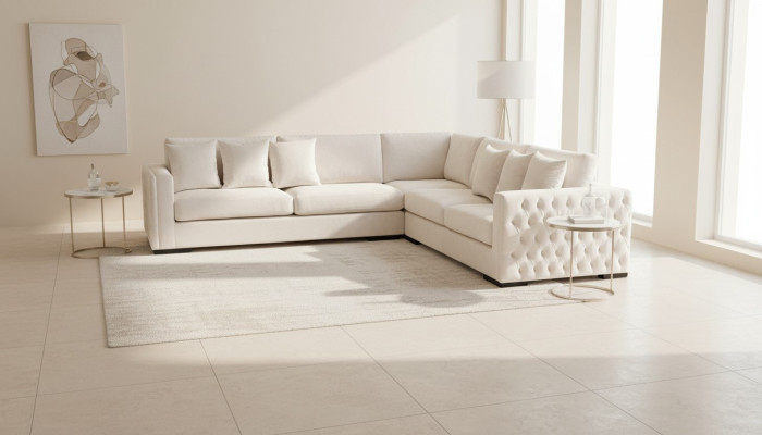 Sofá esquinero crema, juego de esquinero tapizado en terciopelo, diseño de muebles, sofá de salón.
