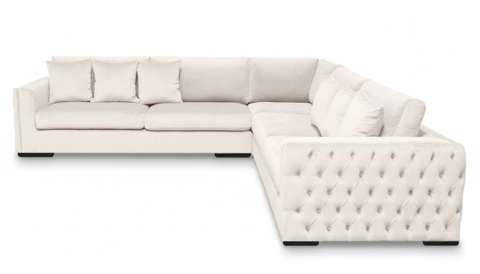 Sofá esquinero crema, juego de esquinero tapizado en terciopelo, diseño de muebles, sofá de salón.