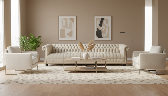 Sofá Chesterfield de cuatro plazas para sala de estar, diseño de sofá de tela, muebles de sofá.
