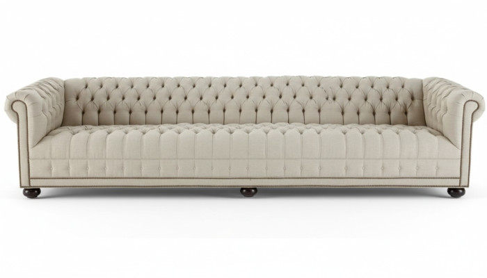 Sofá Chesterfield de cuatro plazas para sala de estar, diseño de sofá de tela, muebles de sofá.