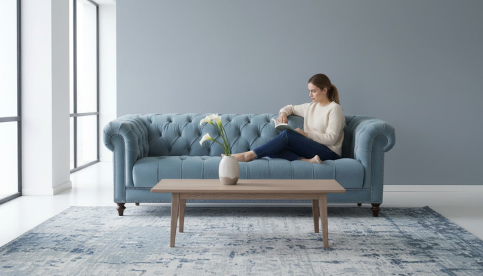 Chesterfield sofá tapizado en tela diseño Turquesa, Nuevo, para tres personas en la sala de estar.