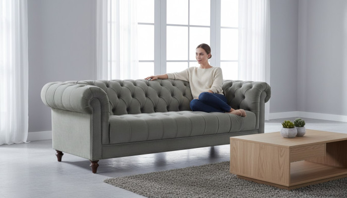 Verde salvia sofá tapizado de diseño de tres plazas en tela para la sala de estar Sofás Chesterfield