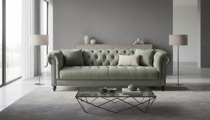 Verde salvia sofá tapizado de diseño de tres plazas en tela para la sala de estar Sofás Chesterfield