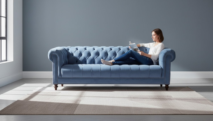 Azul claro sofá de diseño Chesterfield de tres plazas en tela, original y nuevo
