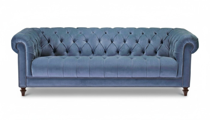 Azul claro sofá de diseño Chesterfield de tres plazas en tela, original y nuevo