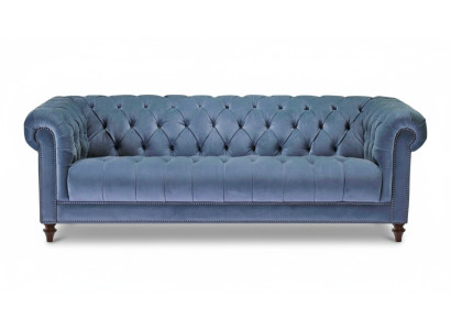 Azul claro sofá de diseño Chesterfield de tres plazas en tela, original y nuevo