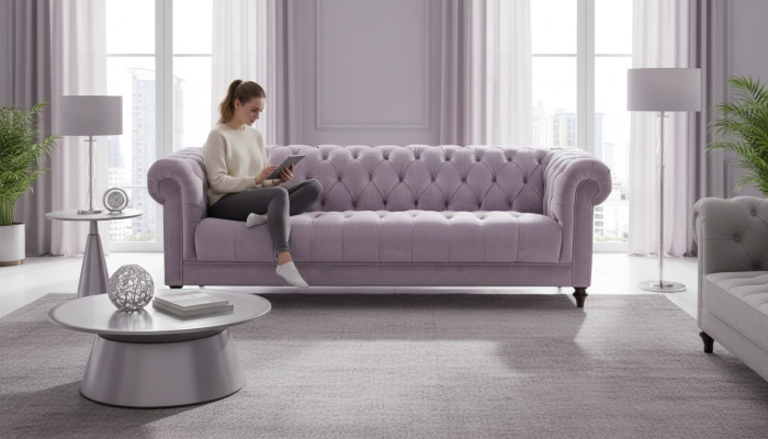 Lila sofá de tres plazas diseño Chesterfield tapizado en tela original de terciopelo.