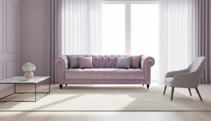 Lila sofá de tres plazas diseño Chesterfield tapizado en tela original de terciopelo.