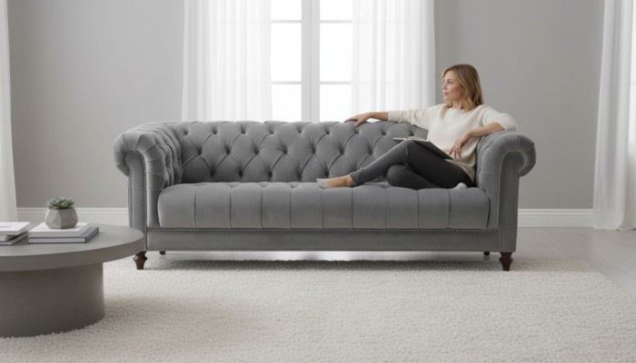 Sofá de diseño de tres plazas de tela gris para sala de estar Sofás Chesterfield acolchado.