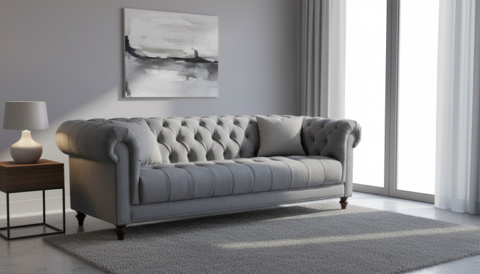 Sofá de diseño de tres plazas de tela gris para sala de estar Sofás Chesterfield acolchado.