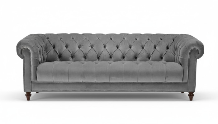 Sofá de diseño de tres plazas de tela gris para sala de estar Sofás Chesterfield acolchado.