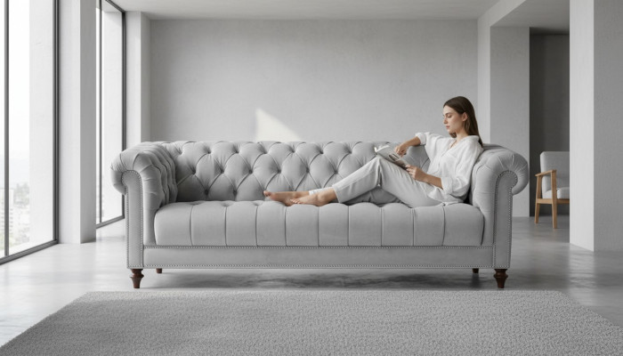 Gris claro Chesterfield de tres plazas, nuevo sofá de tela para la sala de estar.