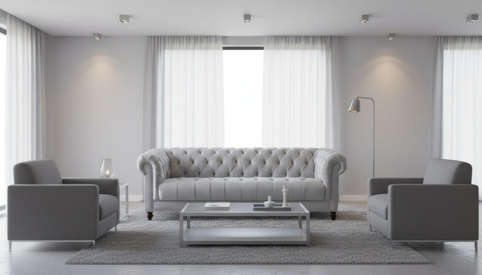 Gris claro Chesterfield de tres plazas, nuevo sofá de tela para la sala de estar.