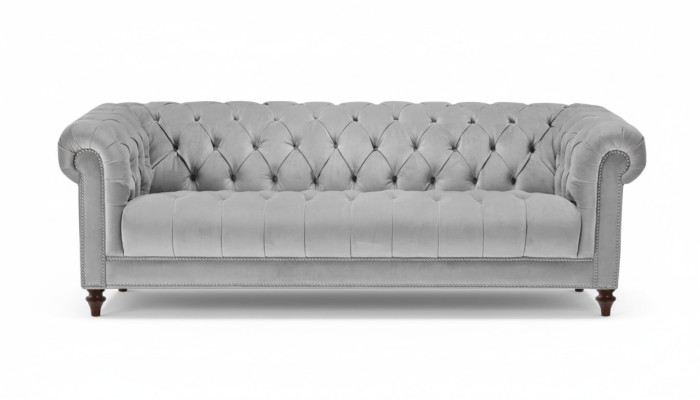 Gris claro Chesterfield de tres plazas, nuevo sofá de tela para la sala de estar.
