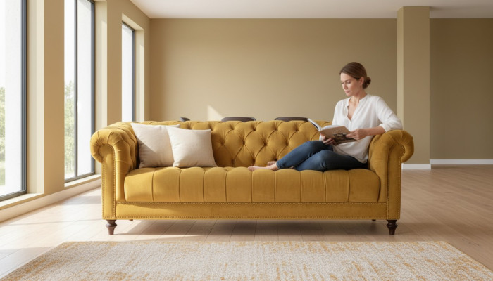Amarillo Tres plazas Tela Sala de estar Diseño Sofás Acolchados Sofá Sofás Chesterfield.