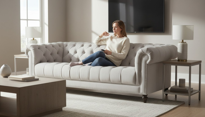 Tresillo de tela de diseño de tres plazas en plata, nuevos originales Chesterfield.