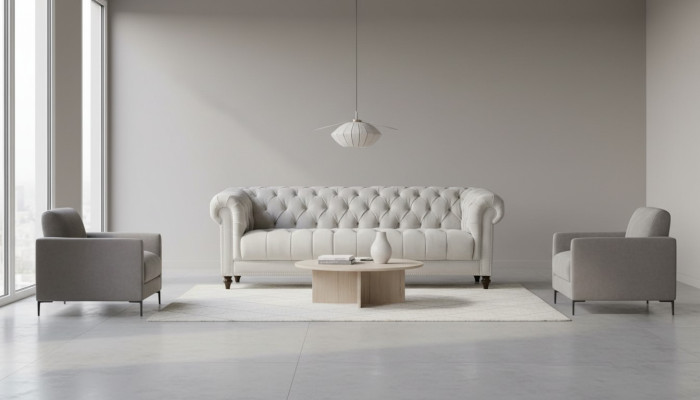 Tresillo de tela de diseño de tres plazas en plata, nuevos originales Chesterfield.