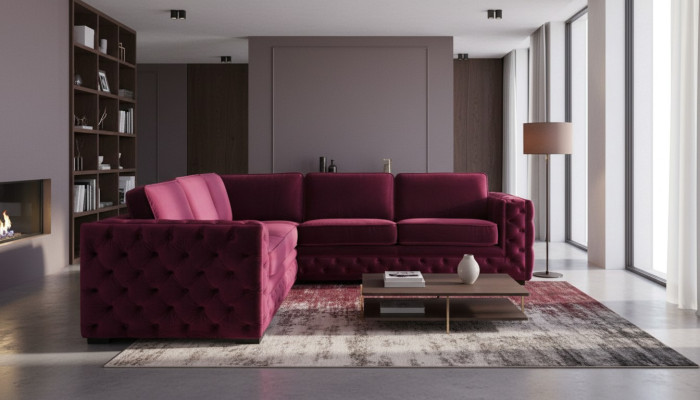 Sofá Chesterfield lila de lujo de tela de terciopelo, juego de sofás con botones tapizados nuevo.