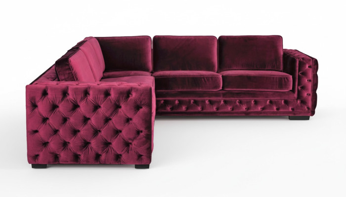 Sofá Chesterfield lila de lujo de tela de terciopelo, juego de sofás con botones tapizados nuevo.