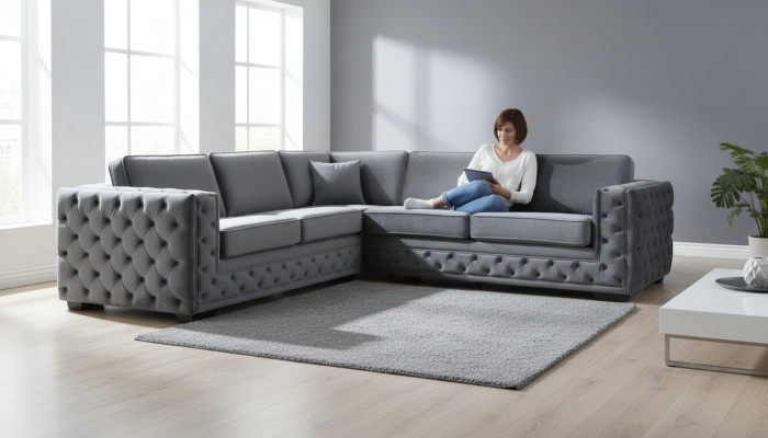 Sofá esquinero gris esquinas terciopelo diseño de muebles conjunto de descanso sofá rincón tapizado.