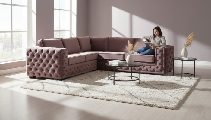 Sofá Esquinero Rosa de Terciopelo Paisaje de Sala Sofá de Esquina Tapizado Rosa Antiguo Muebles de Diseño