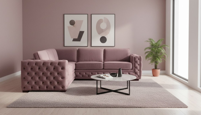 Sofá Esquinero Rosa de Terciopelo Paisaje de Sala Sofá de Esquina Tapizado Rosa Antiguo Muebles de Diseño