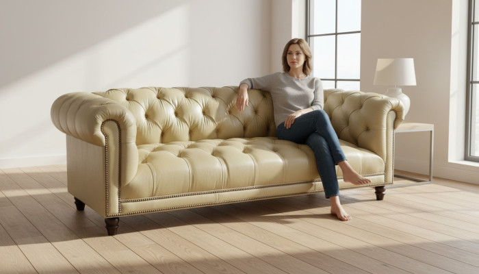 Beige sofá de diseño moderno Chesterfield de tres plazas de cuero para la sala de estar, nuevo.