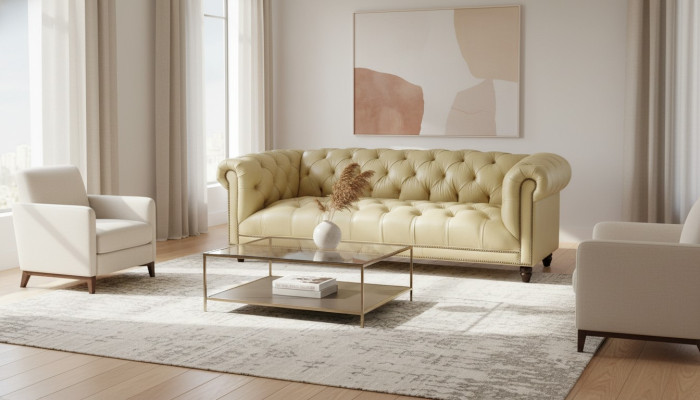 Beige sofá de diseño moderno Chesterfield de tres plazas de cuero para la sala de estar, nuevo.