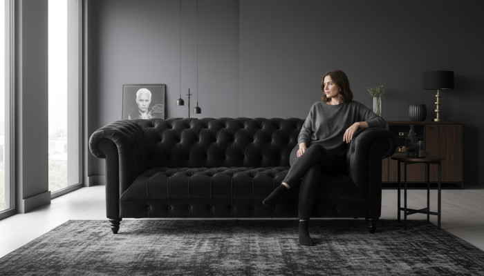 Sofá de terciopelo negro de lujo Chesterfield tapizado con botones de tres plazas.