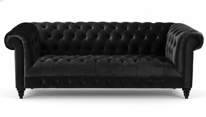 Sofá de terciopelo negro de lujo Chesterfield tapizado con botones de tres plazas.