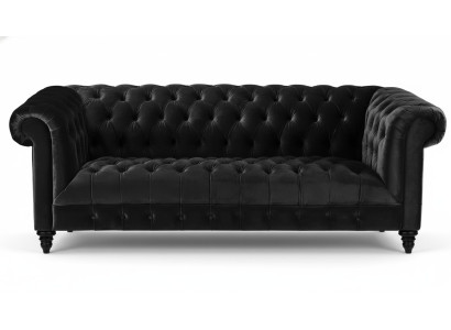 Sofá de terciopelo negro de lujo Chesterfield tapizado con botones de tres plazas.